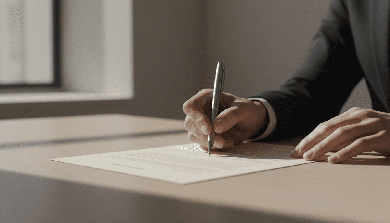 Business owner signing acquisition agreement at modern desk with Dubai skyline in background